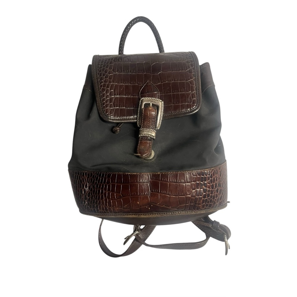 Brighton Black Brown Embossed Leather Small Backpack Silver Charms Snap Closure